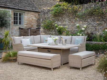 Bramblecrest Chedworth L-Shape Sofa with Large Rectangle Ceramic Firepit Table & 2 Benches - Sandsto - image 1